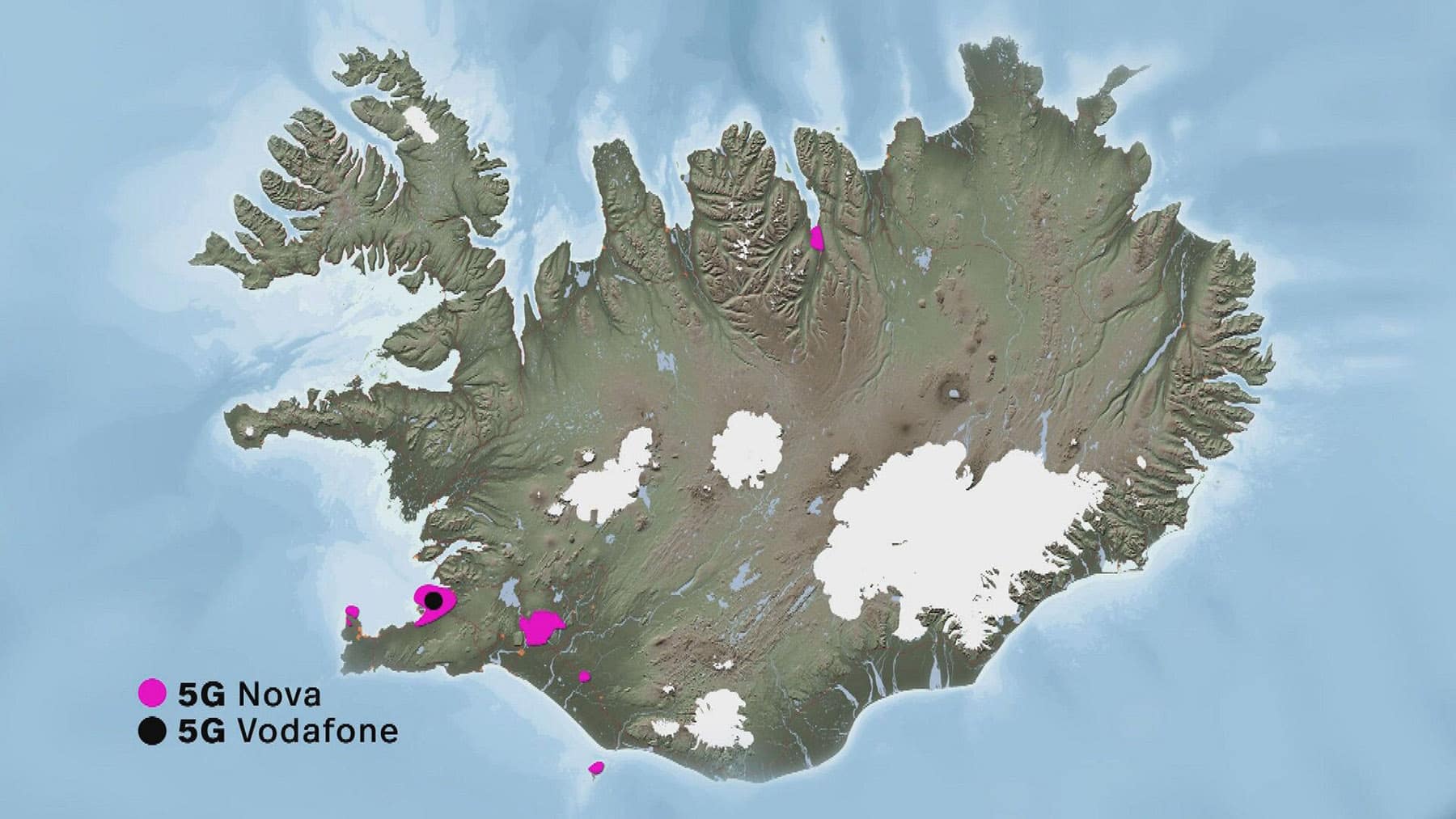 A map of Iceland showing RÚV’s main 5G rollout service providers.