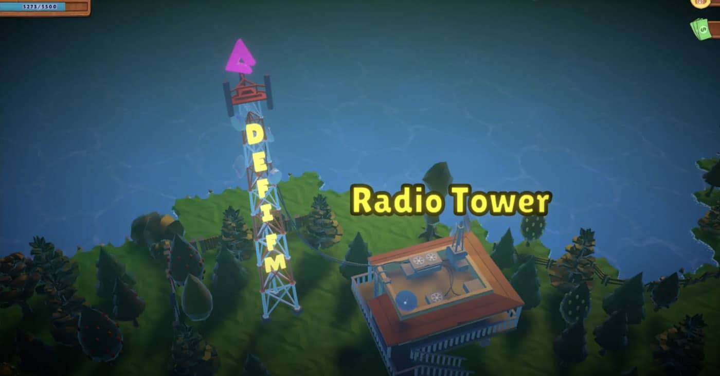 The FM radio tower provided by streaming service Audius for the DeFi Land decentralised finance game.