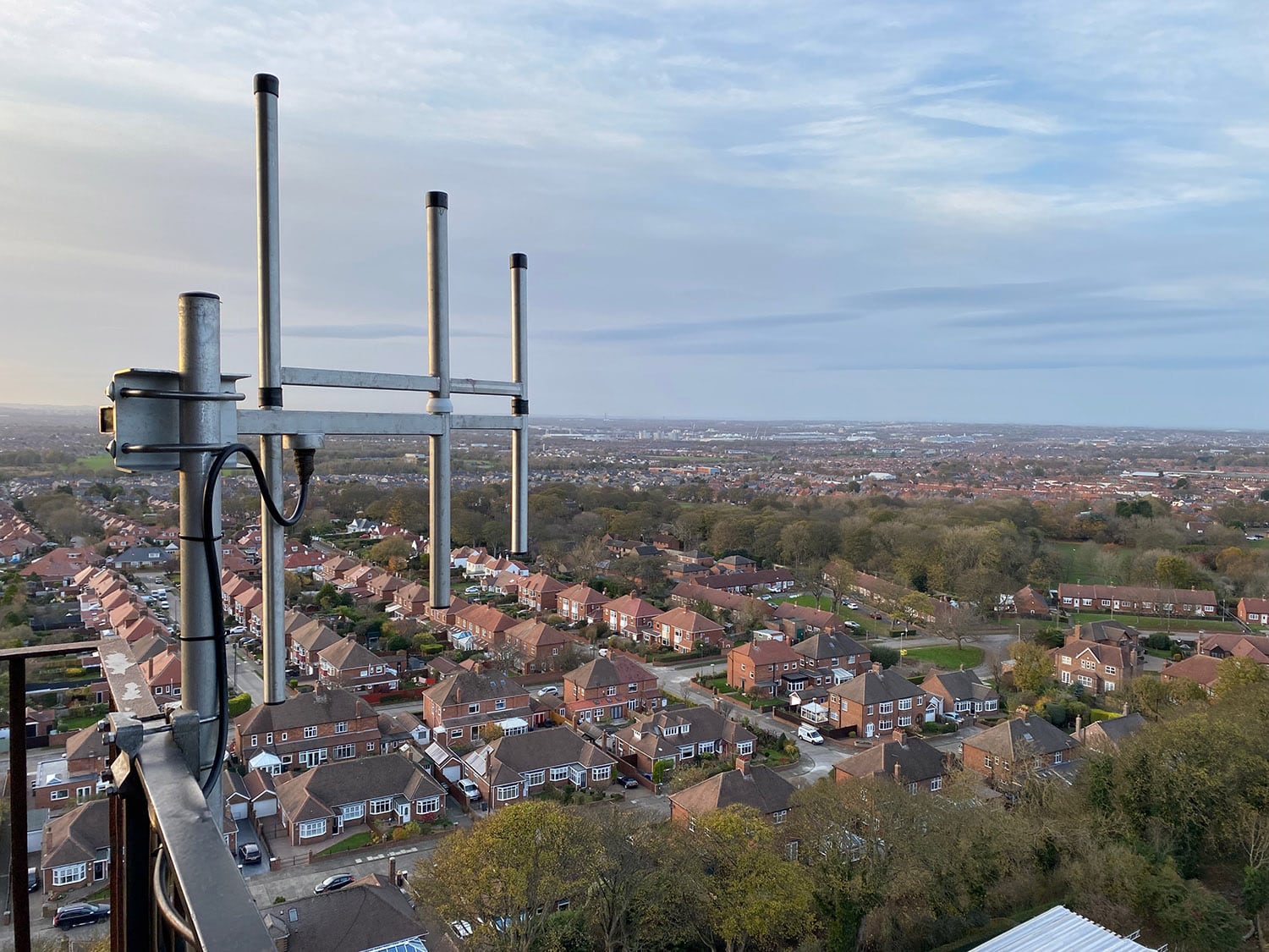 View from the MUX ONE transmitter site at Cleadon Water Tower, showing the recently installed directional DAB antenna.