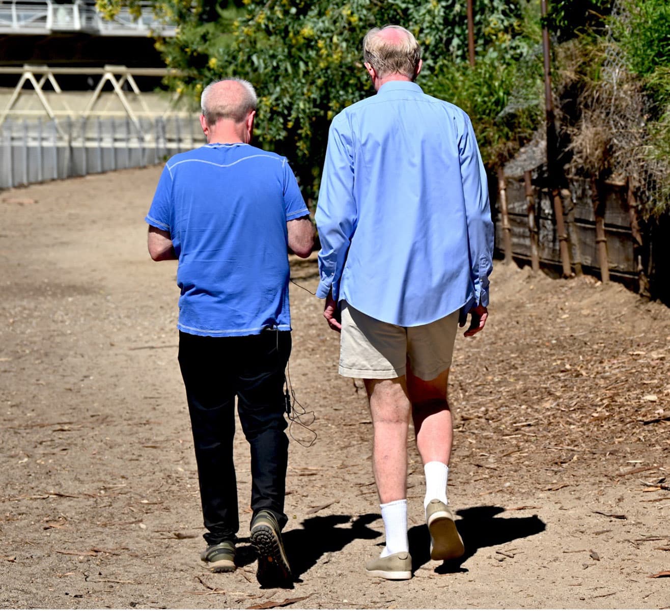 Buzz Knight and actor/activist Ed Begley Jr. take a walk in Studio City, California.