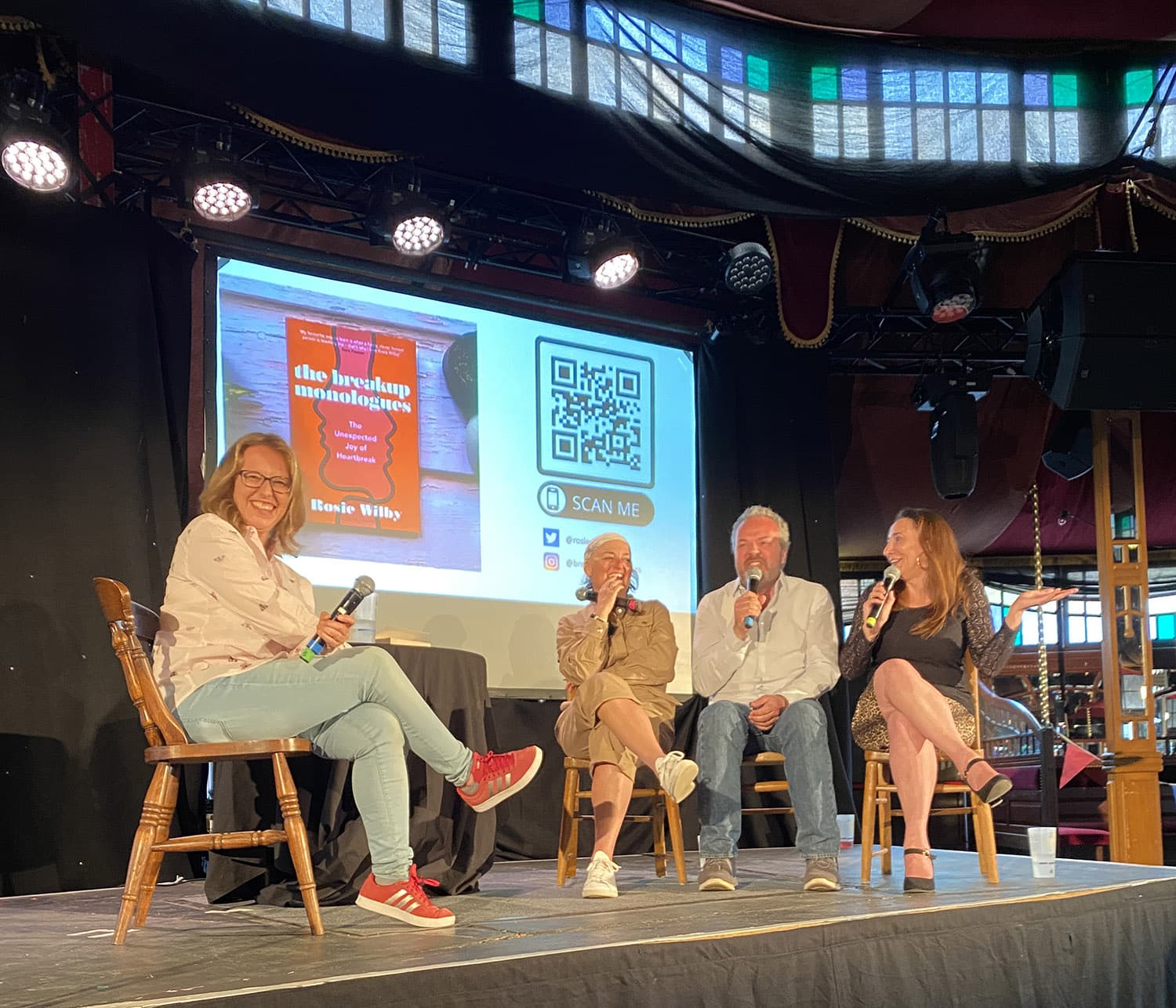 Rosie and guests recording The Breakup Monologues live at Brighton Spiegeltent