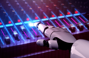 An image of a robot hand adjusting the level of a fader on an audio mixing console