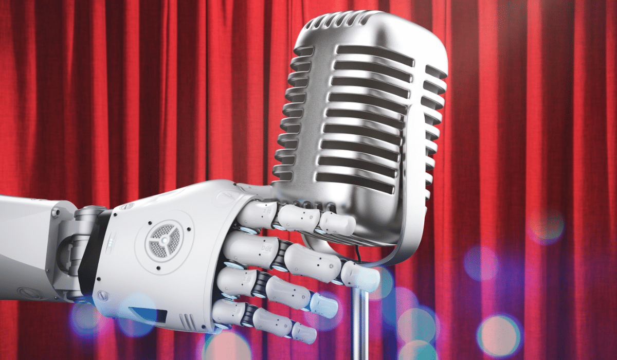 A robot hand grabbing an old fashioned mic