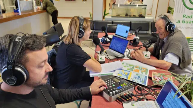 Radio La Guancha staff broadcasting with an AEQ Phoenix Alio portable audio codec